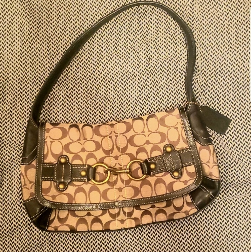 Coach shoulder bag black leather trim brown